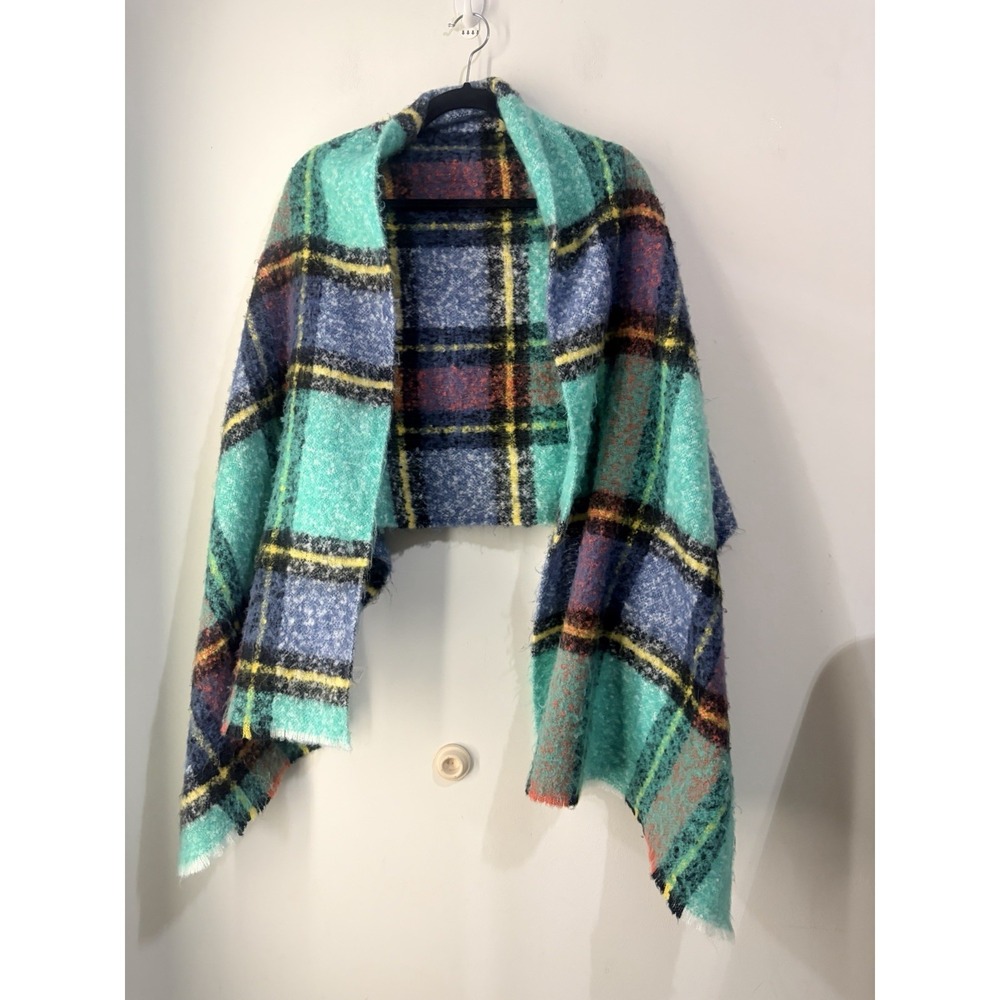 Aerie Plaid Shawl Wrap Womens OS Blue Green Cozy Blanket Scarf